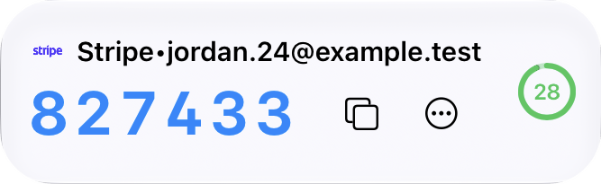 Stripe verification code, 28 seconds remaining