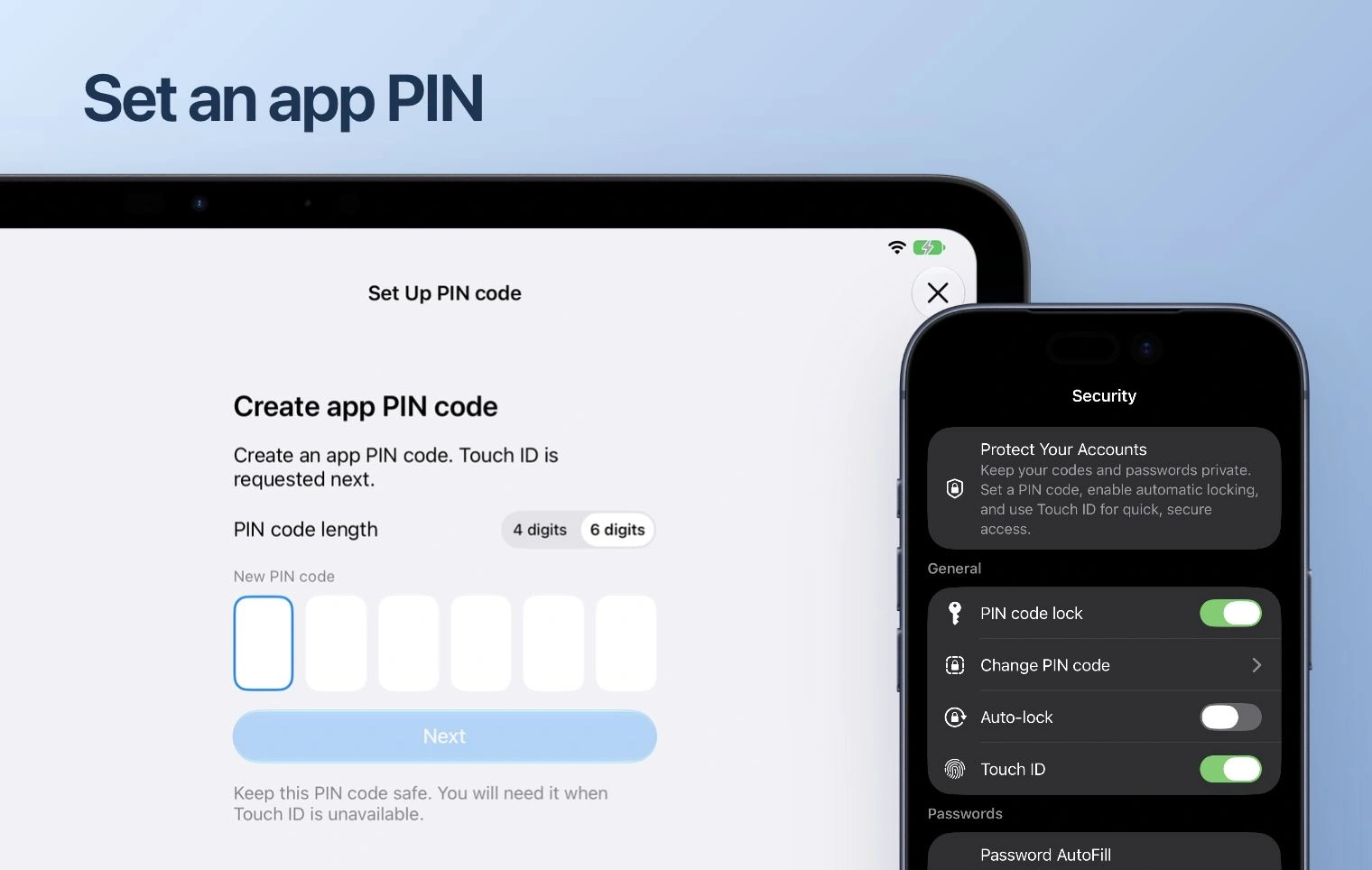Protect the app with a PIN shown in the framed gallery composition