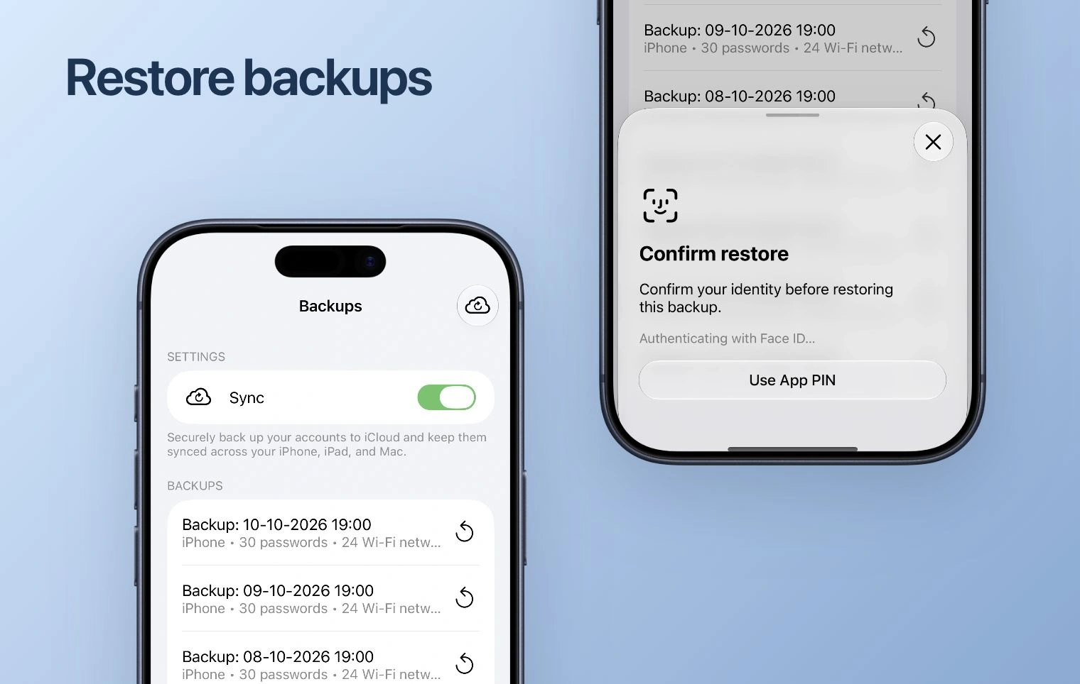 iCloud synchronization control and dated backup list in the iPhone app