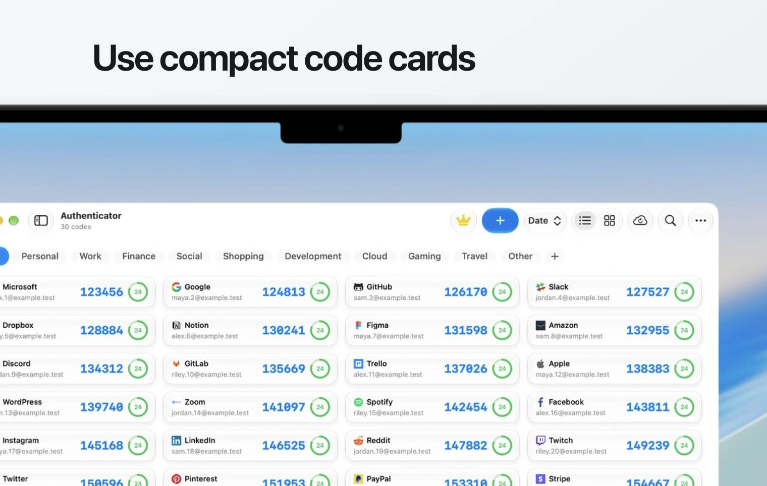 Mac app window showing a sidebar, folders and verification code cards