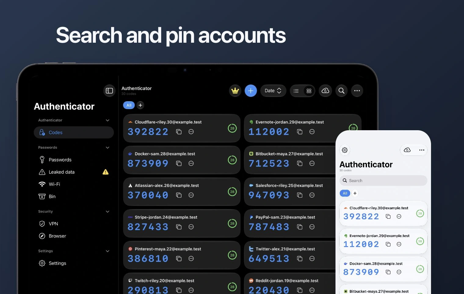 Existing Authenticator gallery composition illustrating find missing verification codes