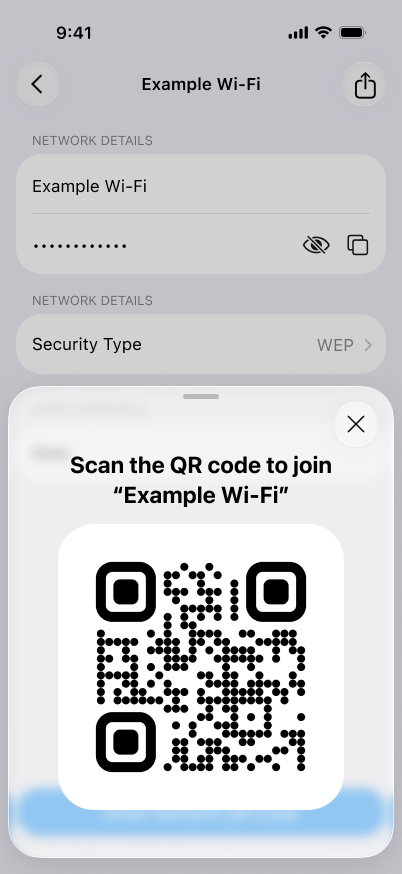 Wi‑Fi network details and QR sharing sheet on iPhone