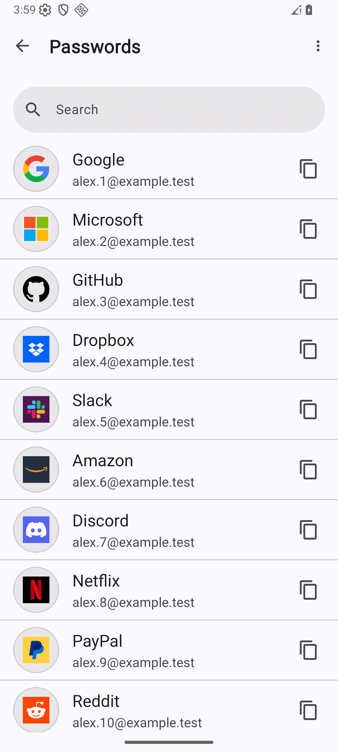Android app showing saved passwords with service icons