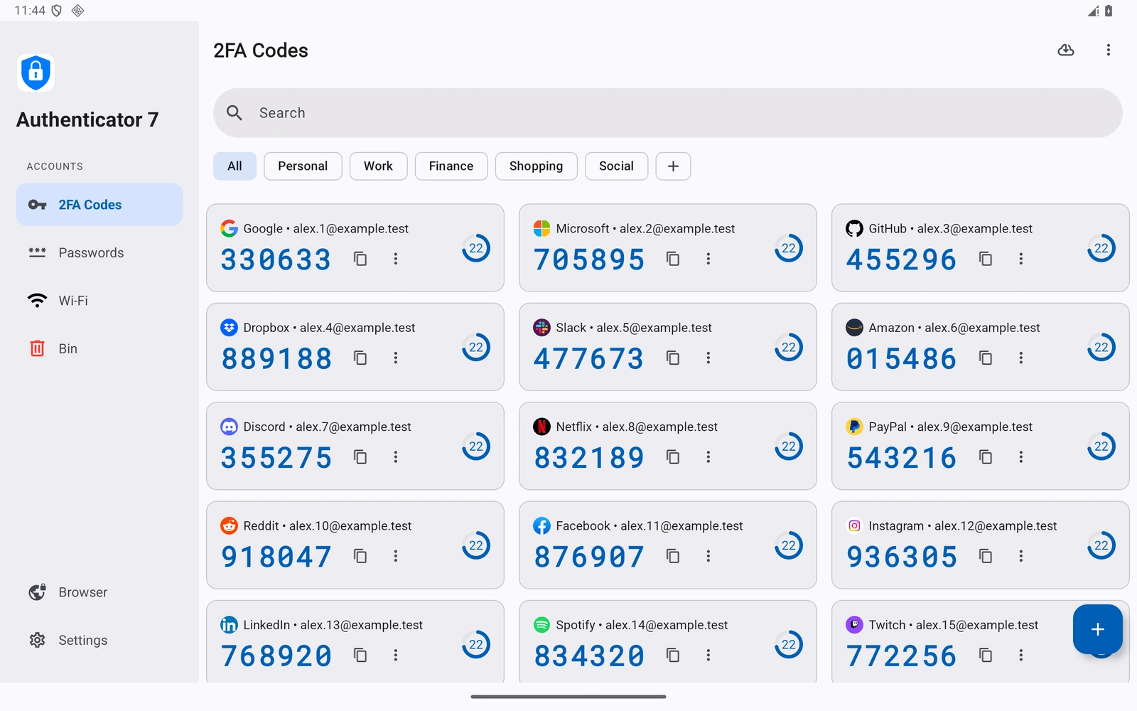 Android tablet app preview with sidebar, folders and three columns of verification codes