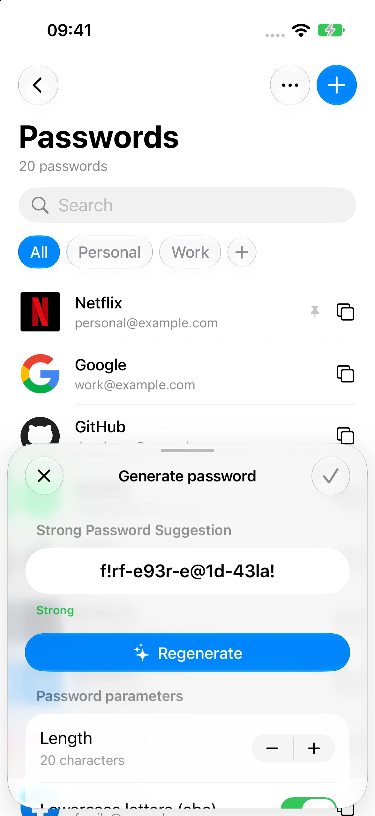 Generate passwords on iPhone. Original Figma screen in the site iPhone hardware.