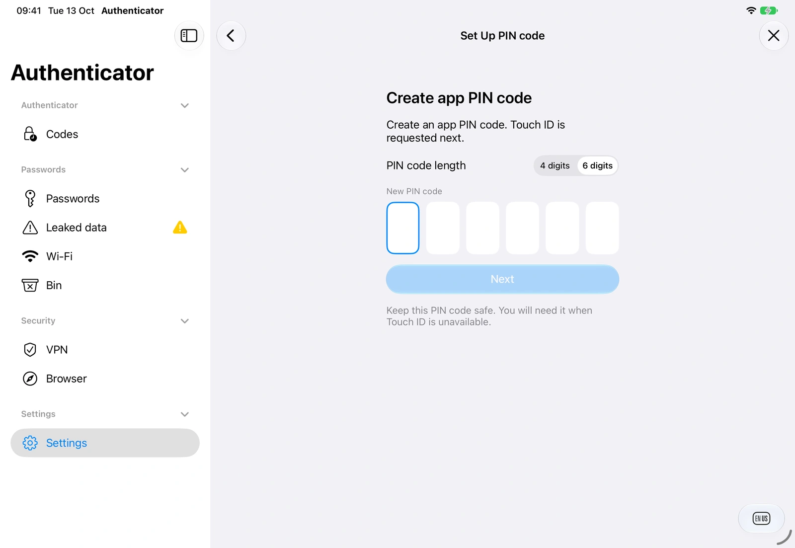 Initial app PIN setup on iPad, six digits selected with the 4/6 digit selector