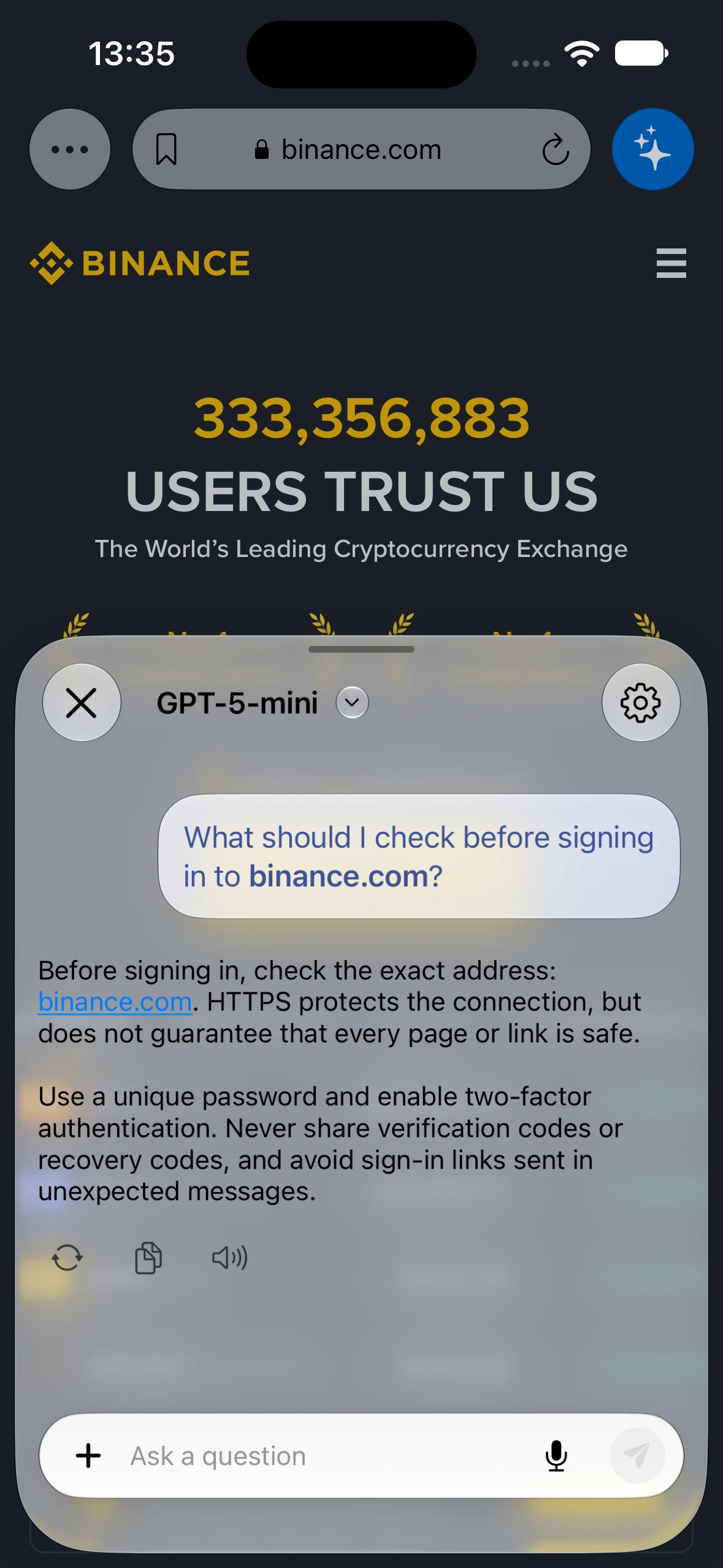 Binance open in the app browser, with the saved AI sheet