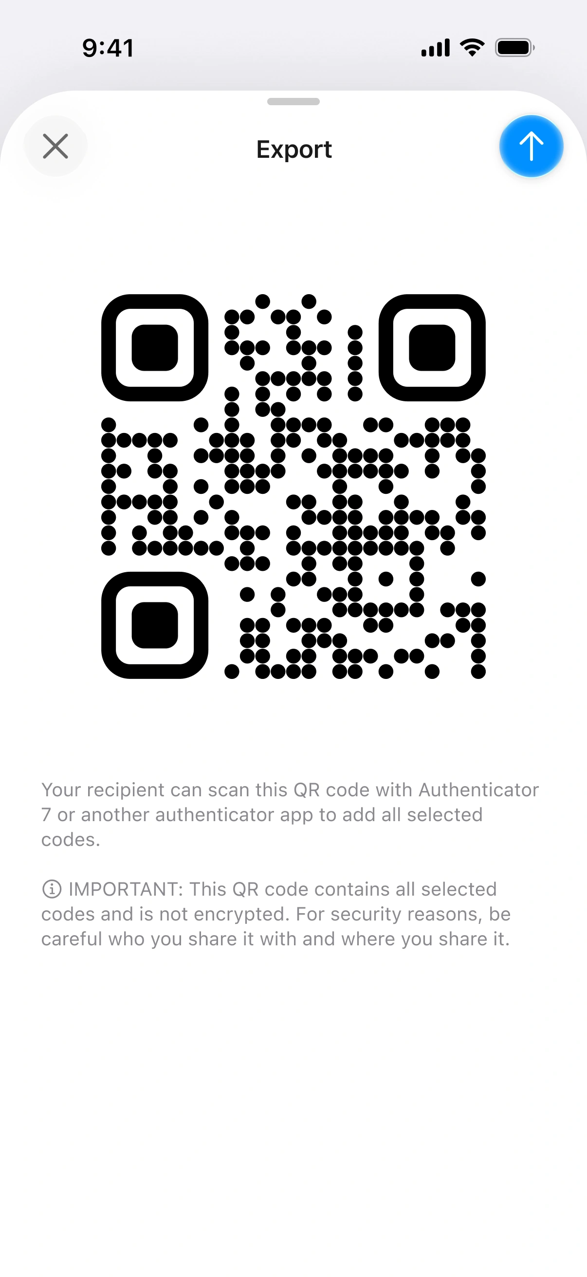 Export QR code screen from the Authenticator Current Beta Figma design