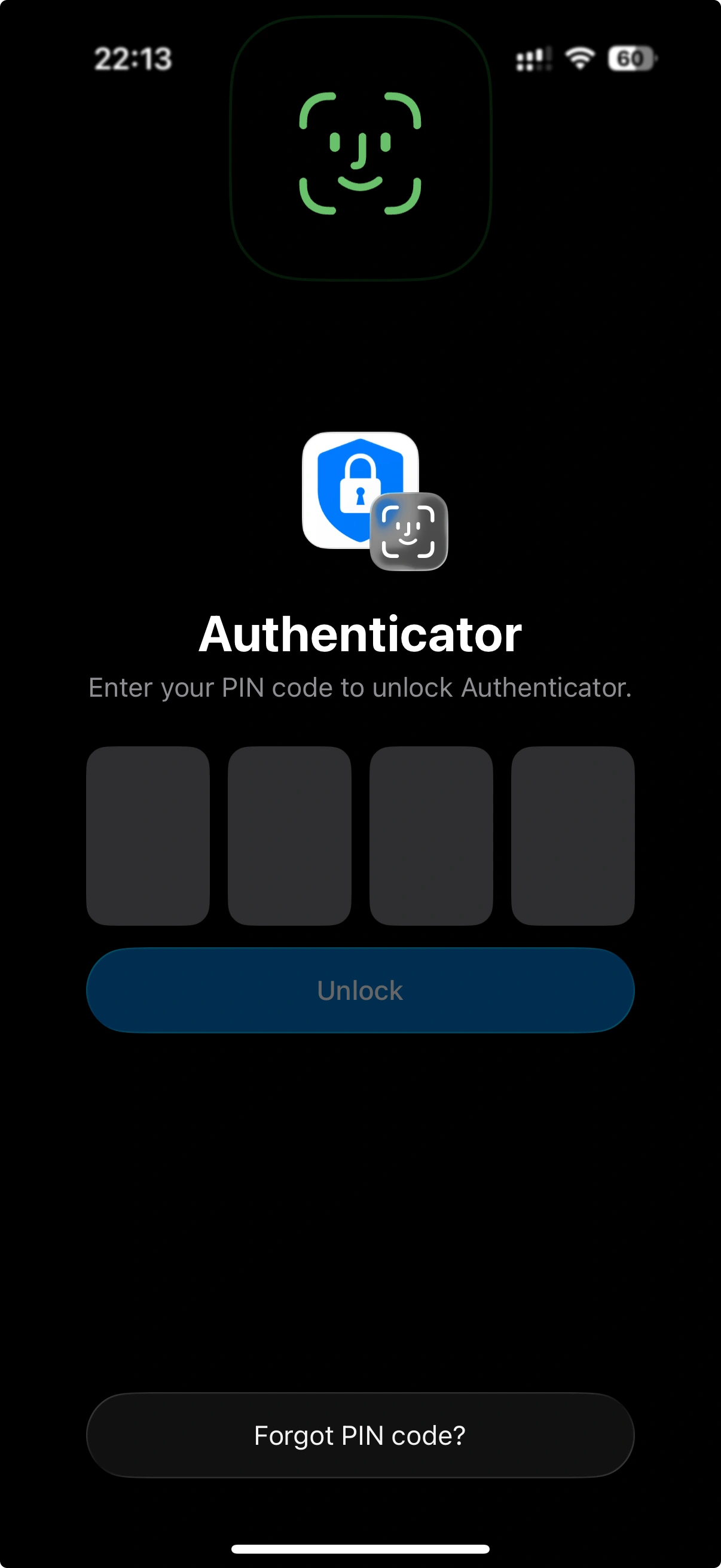 Locked Authenticator screen on iPhone with Face ID