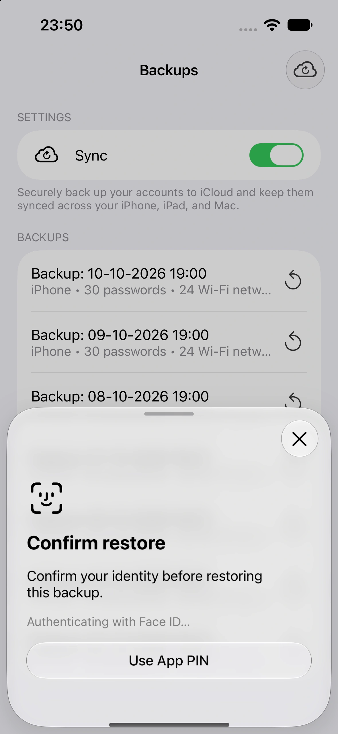 Face ID verification before restoring an iPhone backup