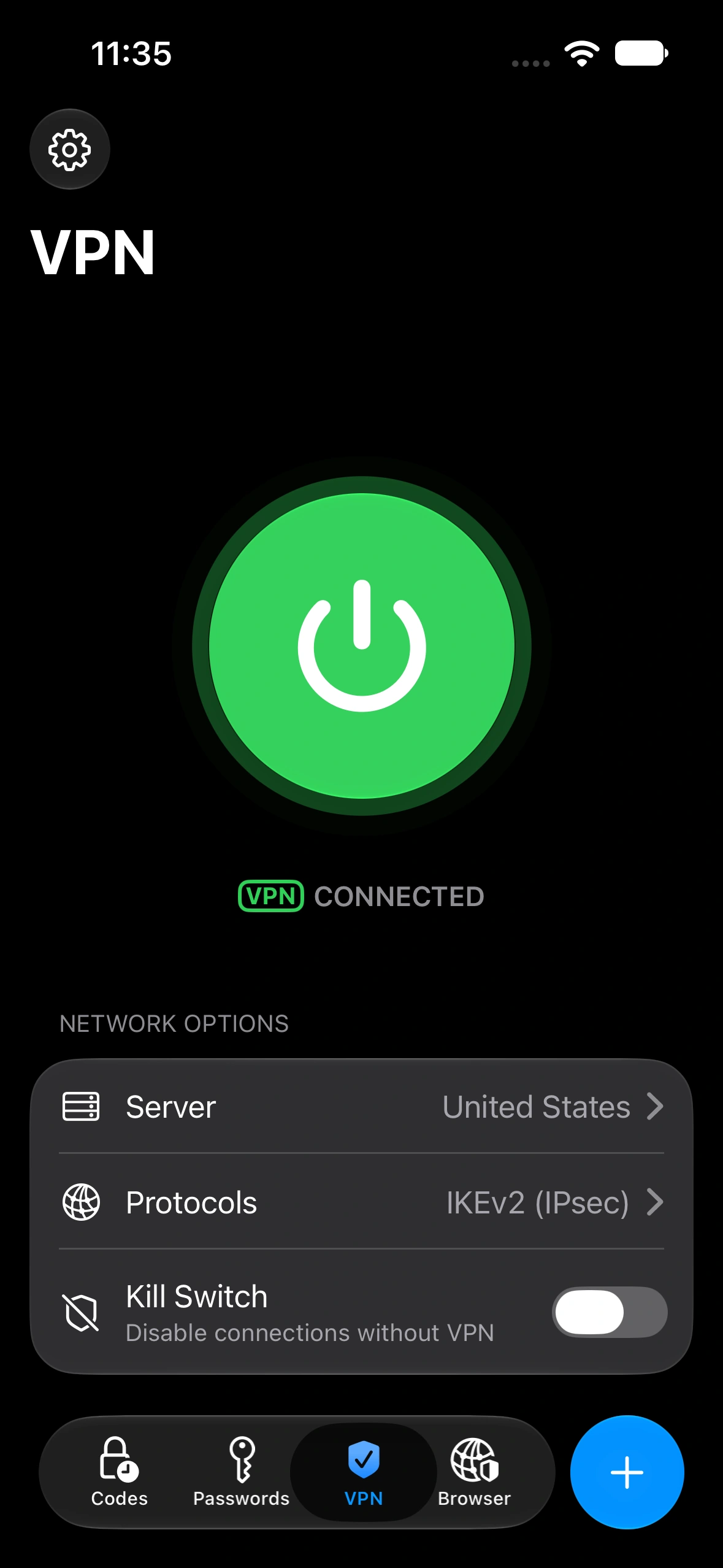 Connected VPN screen on iPhone