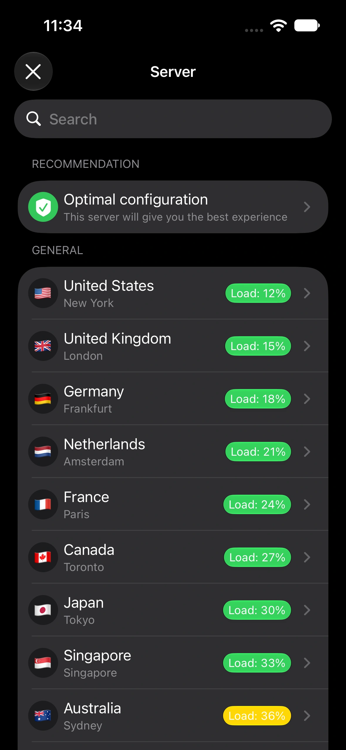 VPN server list on iPhone