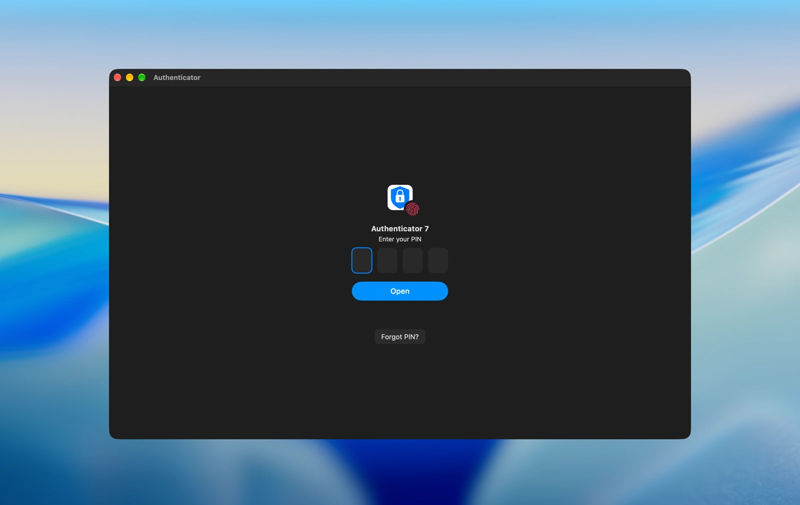 Locked Authenticator window on Mac with Touch ID and four PIN cells