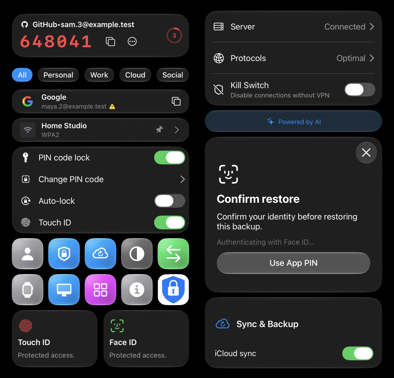 Actual Authenticator components rendered together in the isolated iPad capture app: codes, folders, passwords, Wi‑Fi, Bin, General settings, VPN, Network Options, Sync & Backup, Touch ID and Face ID