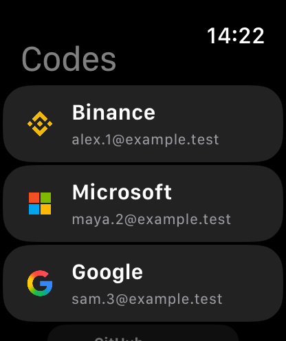 Authenticator list screen captured on watchOS 27 series
